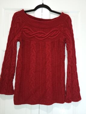 ALLOY Off-the-Shoulder/Boatneck Cable Knit Sweater in Red